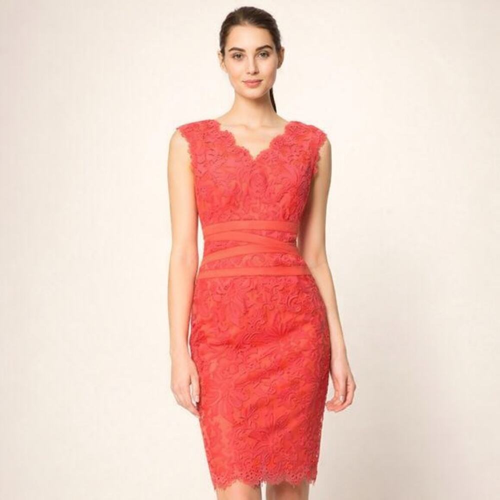 Tadashi Shoji Coral Lace Sheath Dress V Neck Size 16 NWT Elegant